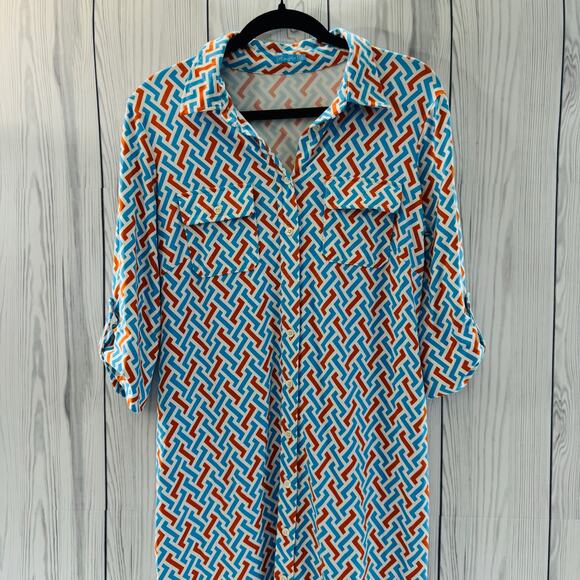 J. McLauglin Shirt Dress Womens Medium Orange Blue Zigzag Print Button Front - Picture 1 of 10